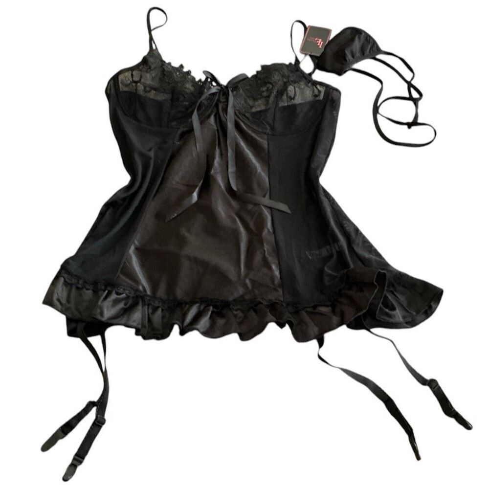 Lovely Lies Black Lace Up Corset Garters G String Lingerie 1X-2X